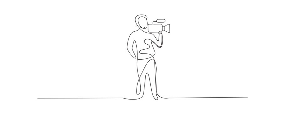 Single line drawing of a cameraman preparing to record video. Continuous line drawing showing a videographer operating a camera for media production. Film vector artwork.