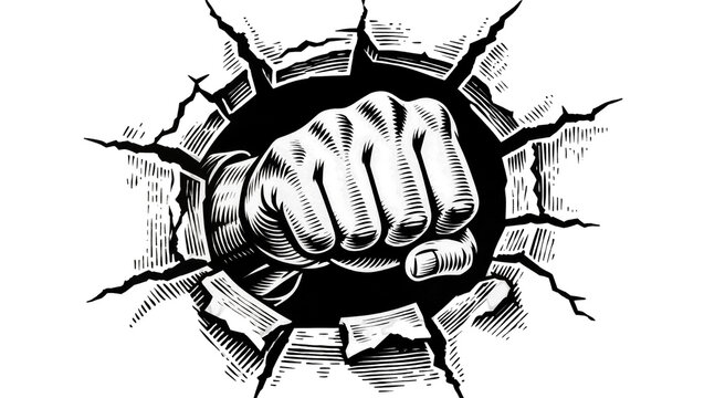 Fist breaking through cracked plaster wall, isolated on transparent background