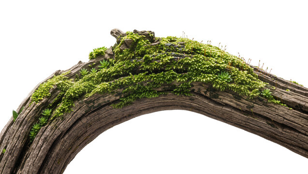 Curved weathered driftwood branch covered in lush green moss, isolated on transparent background