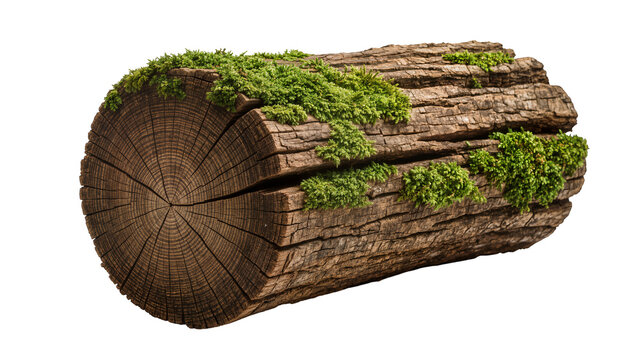 Rough textured tree trunk section with green moss, isolated on transparent background