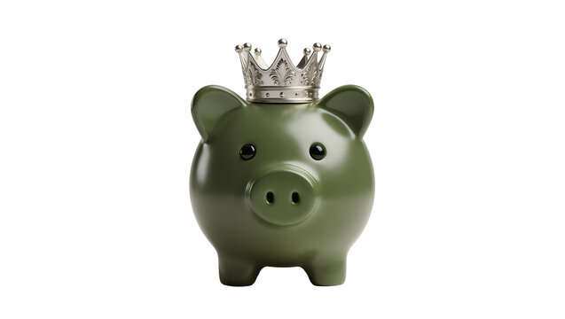 Green piggy bank wearing a silver crown, isolated on transparent background