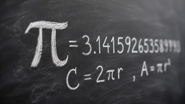Pi Number and Circle Formulas Written with White Chalk on Black Classroom Board