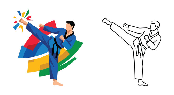 Karate practitioner executing a kick colorful vector illustration on a white background
