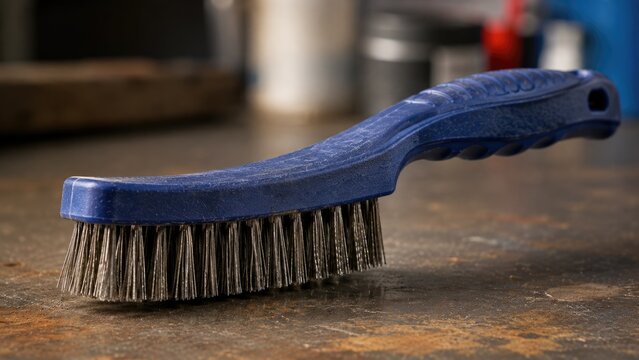 Close Up of Blue Handheld Cleaning Brush with Stiff Bristles on Workshop Surface