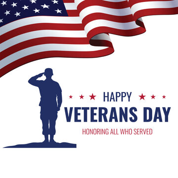 Happy veterans day poster design with waving american flag and saluting soldier armed forces united states air force
