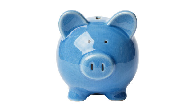 Blue ceramic piggy bank with slot for coins, isolated on transparent background