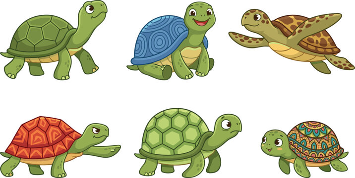 Cute Turtles Vector Illustration Set Featuring Colorful Shells Walking Swimming and Cartoon Tortoise Characters for Children Design