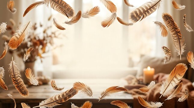 Soft brown feathers falling in a bright room with a window view