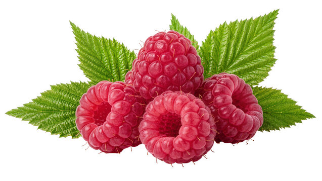 Ripe red raspberries with green leaves, isolated on transparent background