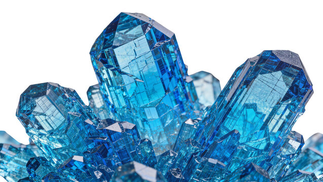 Cluster of bright blue aquamarine crystals faceted geometric shapes, isolated on transparent background