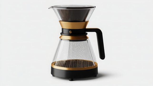 Modern glass drip coffee maker with gold accents isolated on white background
