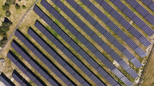 Top-down aerial view of a large solar energy farm featuring rows of photovoltaic panels installed on a grassy hillside, generating clean renewable electricity