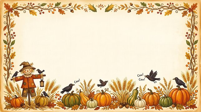 Autumn harvest border frame with scarecrow pumpkins and crows in a fall garden