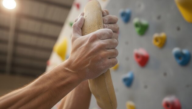 Chalk dusted hands of rock climber gripping textured indoor climbing wall hold with intense muscle tension and gym background