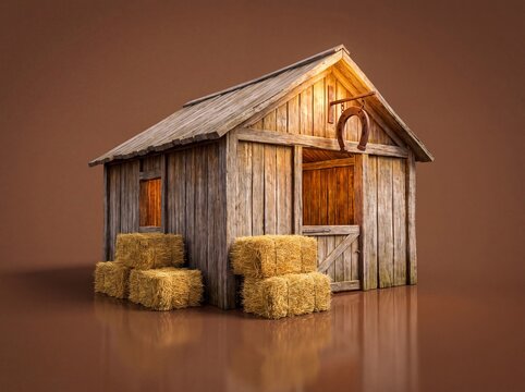 Rustic Wooden Horse Stable Illustration Featuring Golden Hay Bales and Traditional Horseshoe Decor Against a Minimalist Brown Background