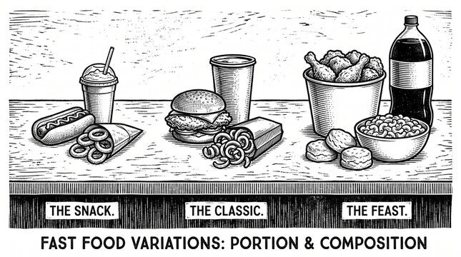 Fast food variations &mdash; snack, classic, and feast meals with burgers, fries, and drinks arranged side by side, symbolizing portion size and composition differences.