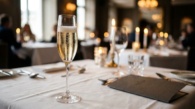 Delicate stem held lightly as a champagne flute is set for the evening service &ndash; Low-Angle Detail | Champagne Celebration Photography