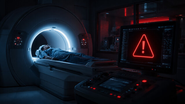 Patient undergoing MRI scan with medical alert warning on computer monitor in dark lab