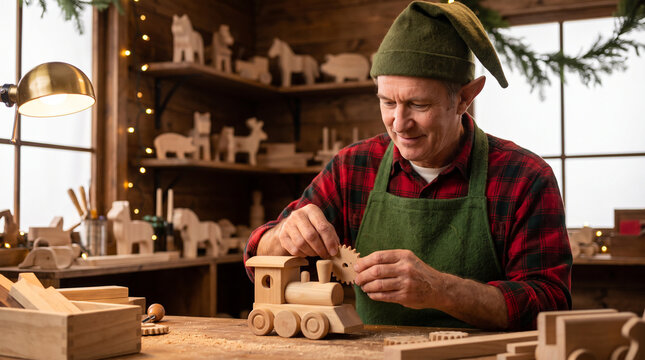 Festive elf crafts a wooden toy train at a cozy workshop bench, fitting a gear while handmade animal figures, tools, warm string lights and winter greenery create a cheerful holiday scene.