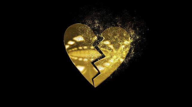 Banner with golden broken heart with gold particles and transparent background