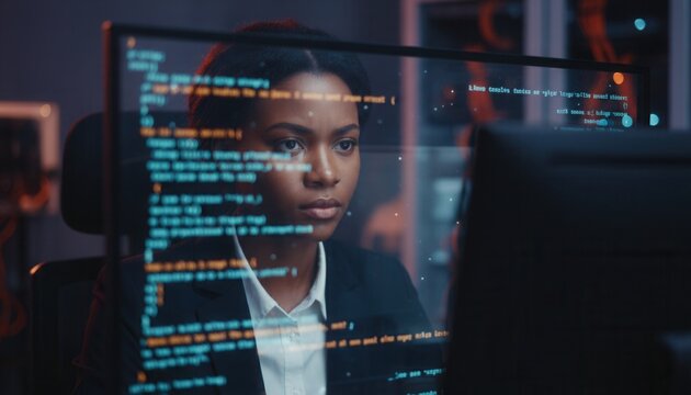 Black cybersecurity analyst sitting in front of a computer monitor with subtle code reflections visible on the dark glass screen