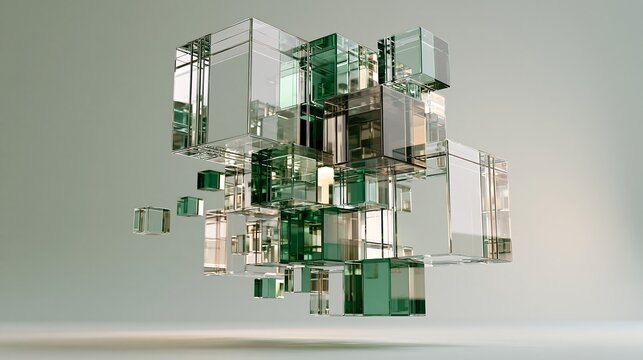 Abstract 3D architectural composition of floating transparent and green glass cubes on neutral background