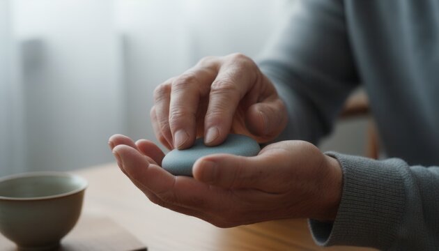 Close-up shot of older man weathered hands holding small smooth river stone in his palms practicing mindfulness and grounding
