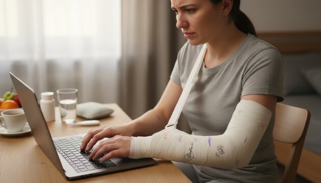 Woman with arm cast working on laptop at home representing injury recovery remote work productivity challenge and healthcare lifestyle concept