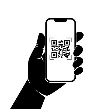 Hand holding a smartphone displaying a qr code icon