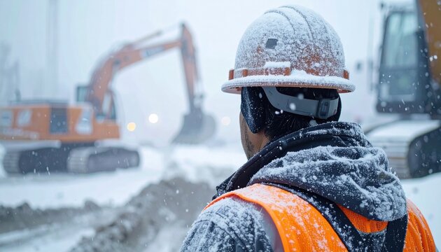 Construction worker observing heavy machinery operation on a snowy winter site during extreme cold weather conditions