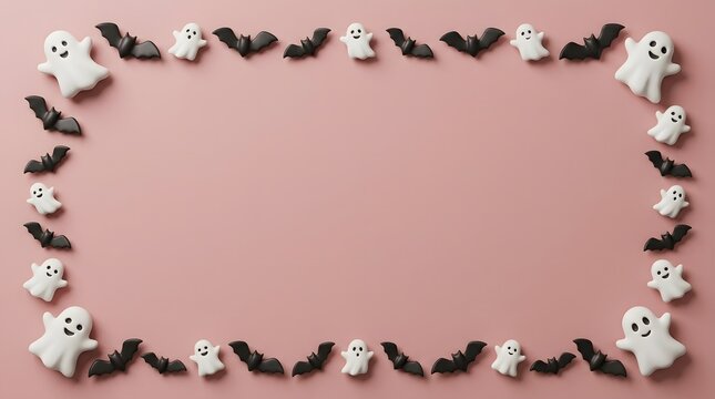Halloween frame made of small ghost and bat decorations on a soft pink background