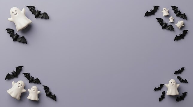 Halloween background with cute white ghosts and black bats arranged on a solid grey surface