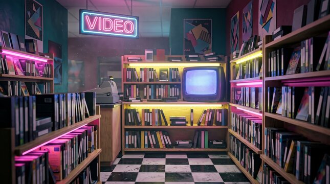 A retro futuristic video rental store with neon lights and VHS tapes. Concept highlights nostalgia, entertainment, and vintage aesthetics, suitable for marketing and editorial use. Generative AI.
