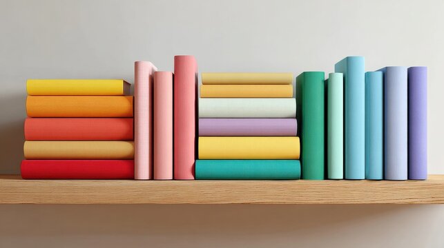 Rainbow Bookshelf Serenity: A vibrant collection of hardcover books, neatly arranged on a wooden shelf, displays a spectrum of cheerful colors, bringing a sense of order and aesthetic delight.