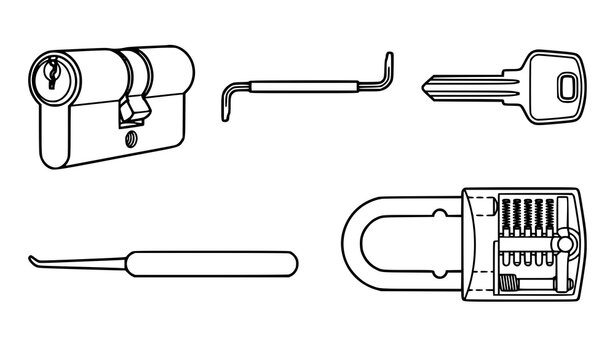 Locksmith tools and hardware set including cylinder lock padlock lockpicks and metal key with security hardware door lock line drawing outline vector home security icon set