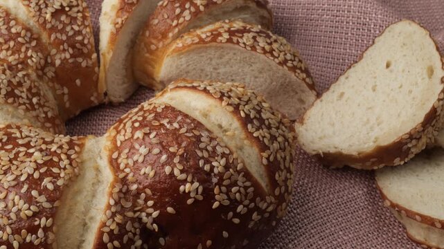 Fresh baked sliced challah bread dolly shot
