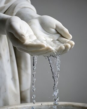 Crystal clear water flows from the hands of a marble statue.