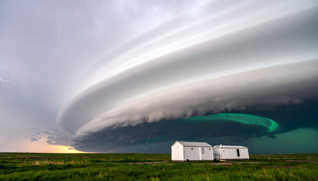 Massive shelf cloud and eerie green thunderstorm towering over a small white building on the open grassy plains