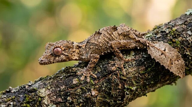 leaf tailed gecko close up at morning light in madagascar rainforest video