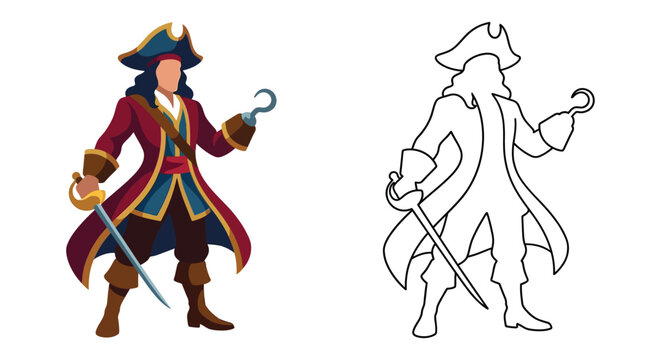 Pirate captain illustration with sword and hook vector graphic design