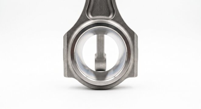 Macro of a bare titanium racing connecting rod big end bore. Aerospace forged metal with honed mirror bearing surface. High-performance motorsport engine hardware isolated on white background.