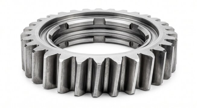 Macro of a sequential gearbox dog engagement ring. Hardened alloy steel with undercut engagement teeth. High-performance racing transmission drivetrain hardware isolated on white background.