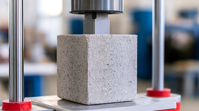 Industrial hydraulic machine pressure test on concrete cube sample in modern material laboratory for quality control and structural analysis