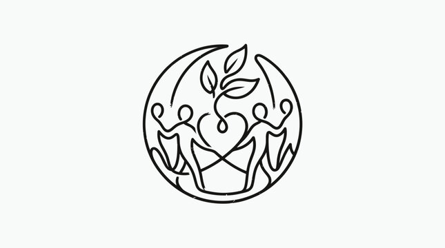 Minimalist vector graphic illustration featuring two stylized human figures holding hands around a central heart shape and sprouting plant icon representing unity growth sustainability and harmony 