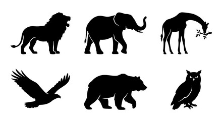 Obraz premium African Wildlife Silhouette Icons: Lion, Elephant, Giraffe, Eagle, Bear, Owl Vector Set