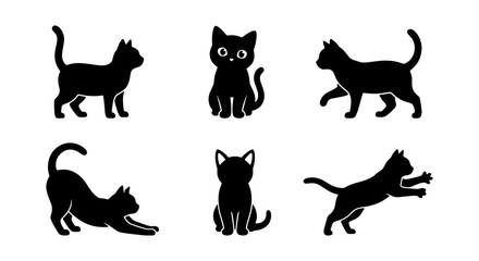 Obraz premium Black Cat Silhouettes Vector Set: Playful Feline Poses, Cute Kitten Icons, Domestic Animal Graphics for Pet Lovers and Design Projects