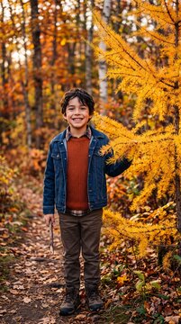 Happy Hispanic Boy Smiling Beside Golden Larch Conifer