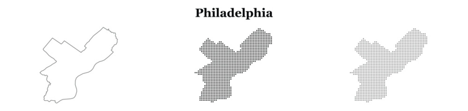Philadelphia map collection in outline and tech dot matrix style.