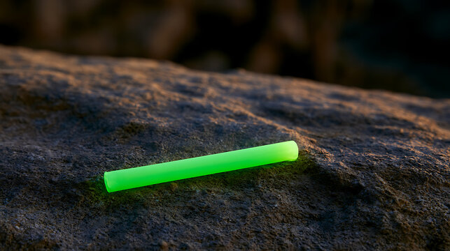 A bright green glow stick lies on top of a dark textured rock surface outdoors, casting a vibrant neon light in a peaceful natural setting