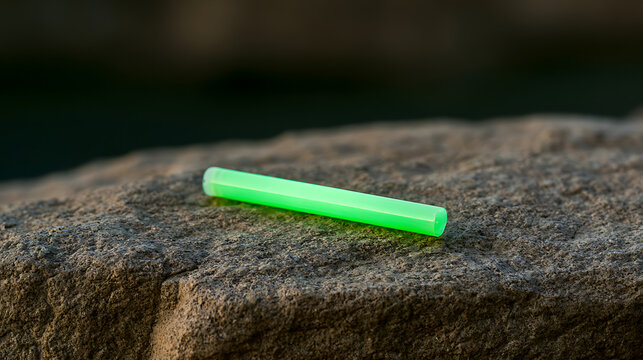 Bright green chemical light stick resting on top of a textured natural stone surface outdoor in daylight with a soft background bokeh